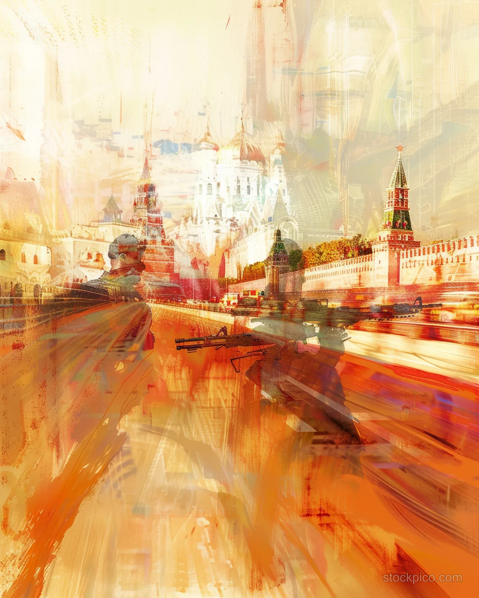 Prone 50m rifle shooter depicted in motion-blur sports art with a historic city skyline and target atmosphere.
