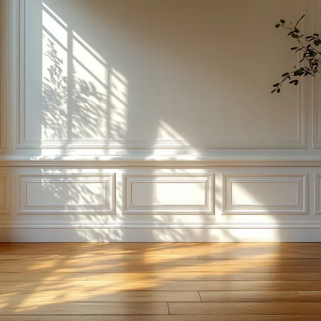 Sunlight casts pane and branch shadows on a white wall with molding and a wooden floor in a quiet room corner.