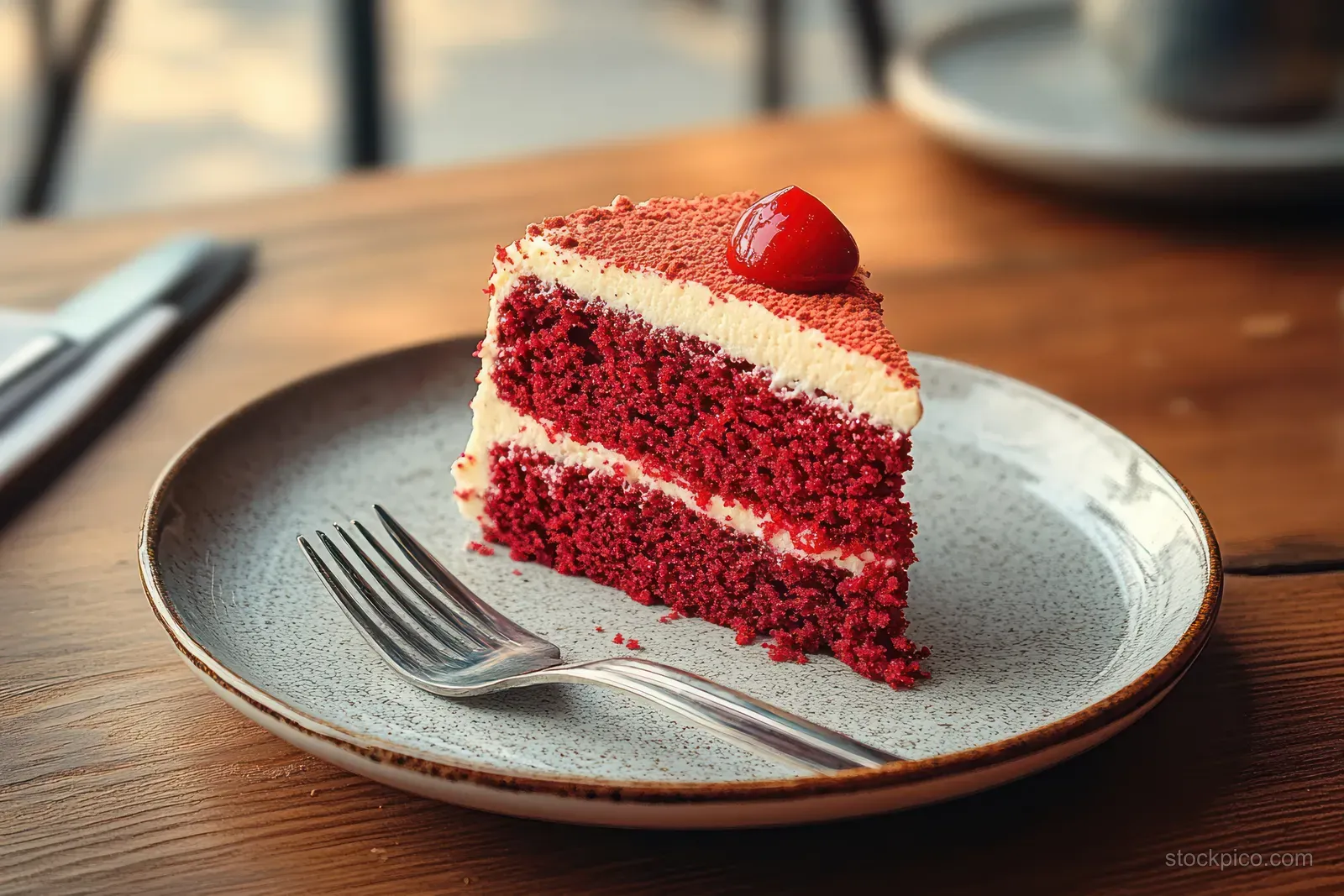 A red velvet cake slice with cream frosting sits on a rustic plate beside a fork.