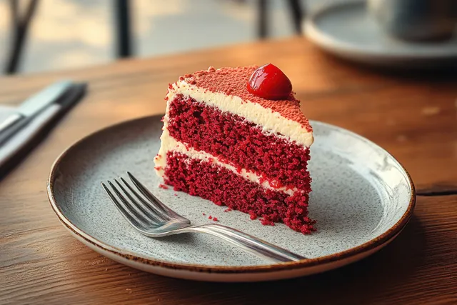 Close-up slice of red velvet cake with cream filling on rustic plate and fork