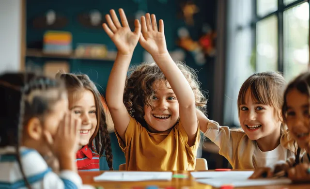 Cheering multiethnic kids high-fiving at desks after finishing schoolwork in bright classroom