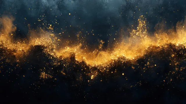 Gold dust brush strokes shimmer across a smoky black background like a glowing wave of particles.