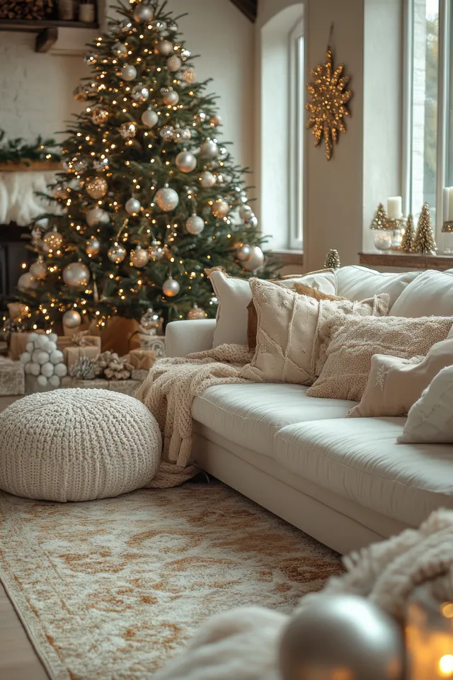 A decorated Christmas tree glows beside a sofa with wrapped gifts and soft holiday lights in a cozy living room.