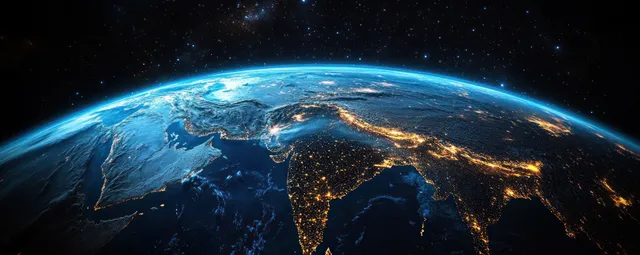 Earth from space at dusk with the Indian subcontinent and Himalayas visible, glowing city lights across the landscape.