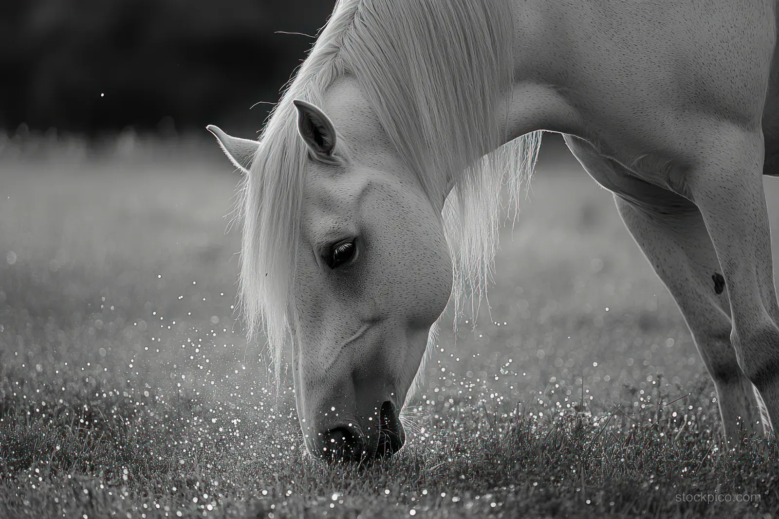 A white horse grazes on farm grass while a hose sprays droplets in front in a black-and-white scene.