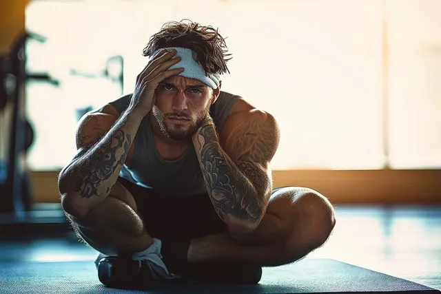 Muscular tattooed man sits cross-legged on a gym mat with a sweatband, hands on head, and an intense focused expression.