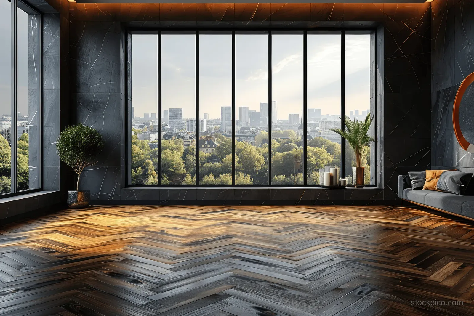 Empty Scandinavian interior room with herringbone parquet floor and a panoramic window showing a city skyline.