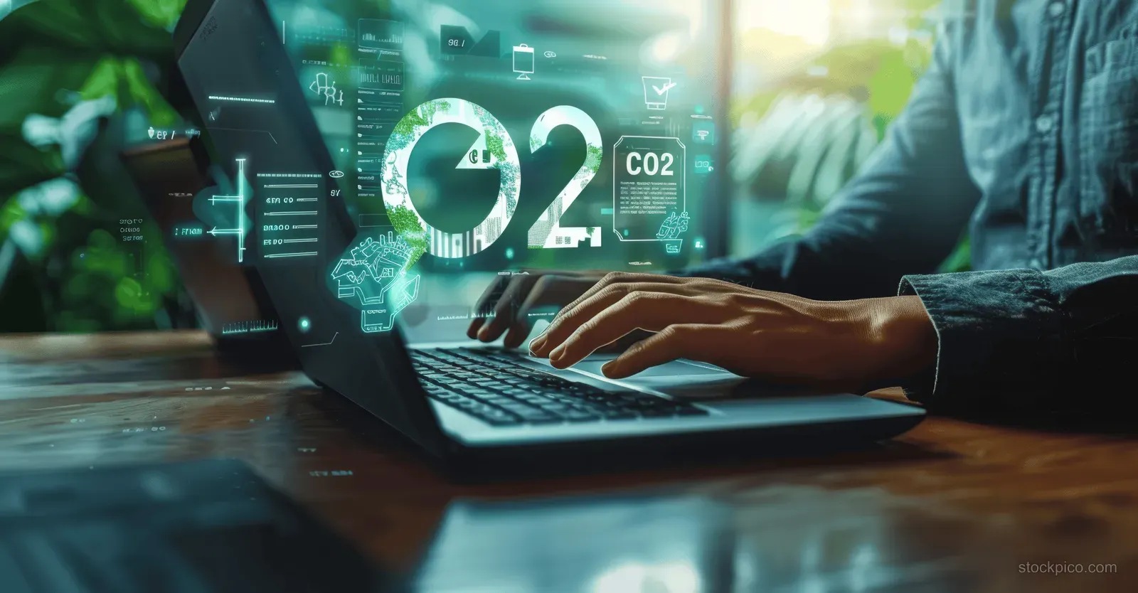 A person types on a laptop with a glowing CO2 emissions dashboard overlay.
