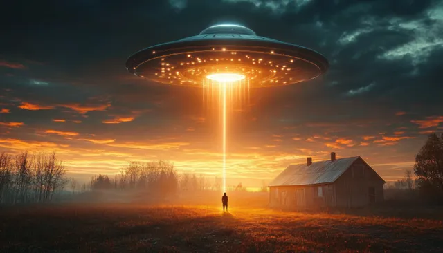 A glowing flying saucer hovers over a rural field at sunset, shining a beam onto a lone figure near an old wooden house.