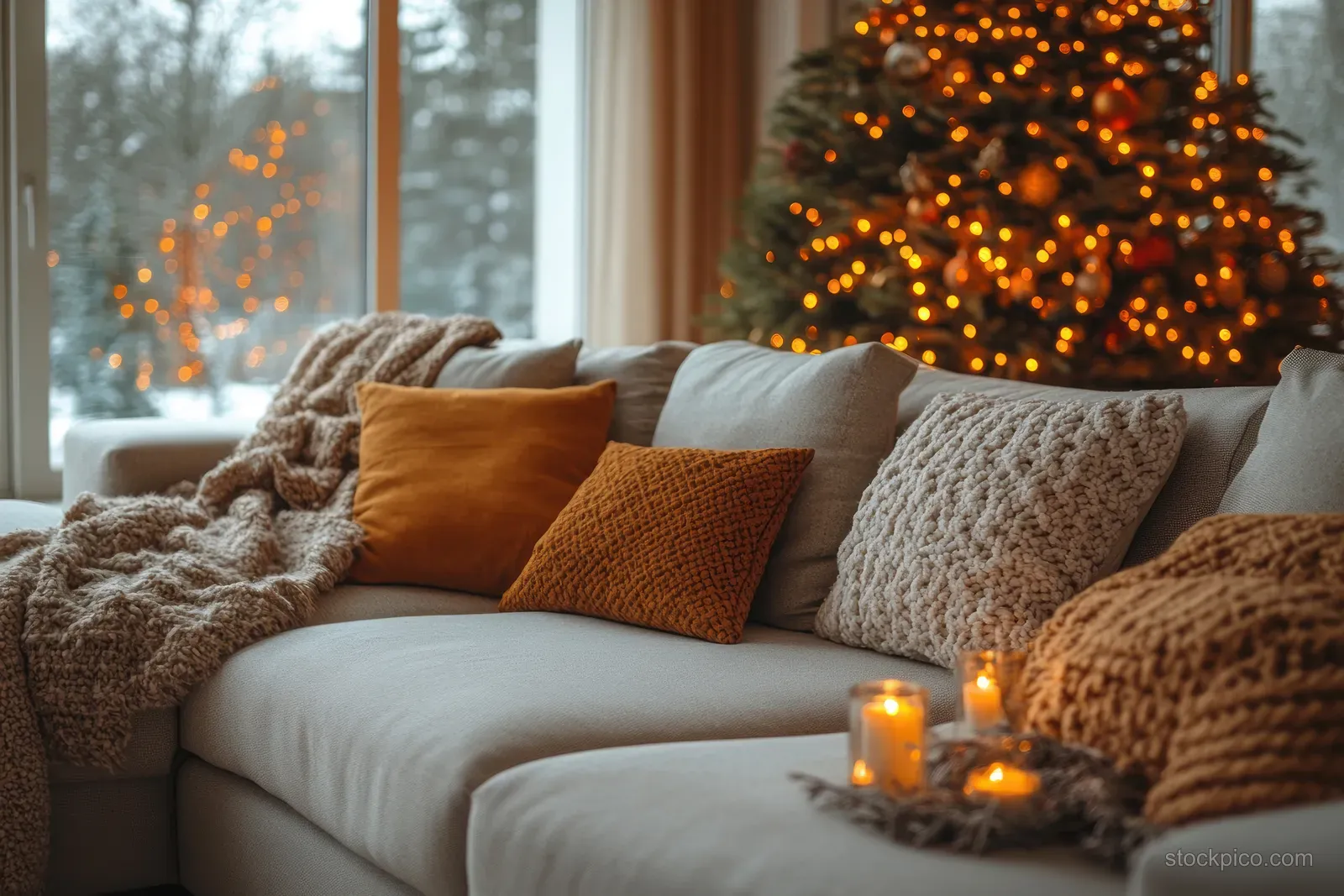 A Christmas tree glows near a sofa with textured cushions and lit candles in a cozy living room by a window.