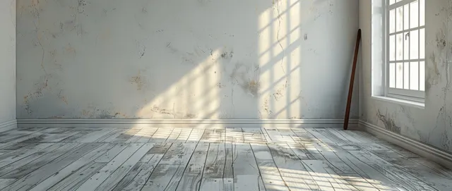 Sunbeams cast striped shadows across a wooden floor in an empty room with white walls and a large window.