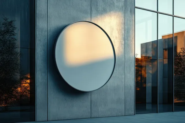 A round blank sign sits on a concrete building facade near reflective glass windows under warm sunset light.