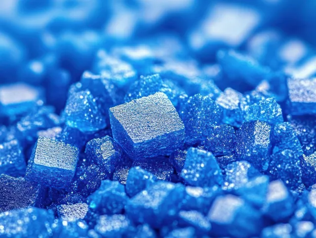 Macro close-up of small blue crystalline cubes clustered together with sparkling textured surfaces.