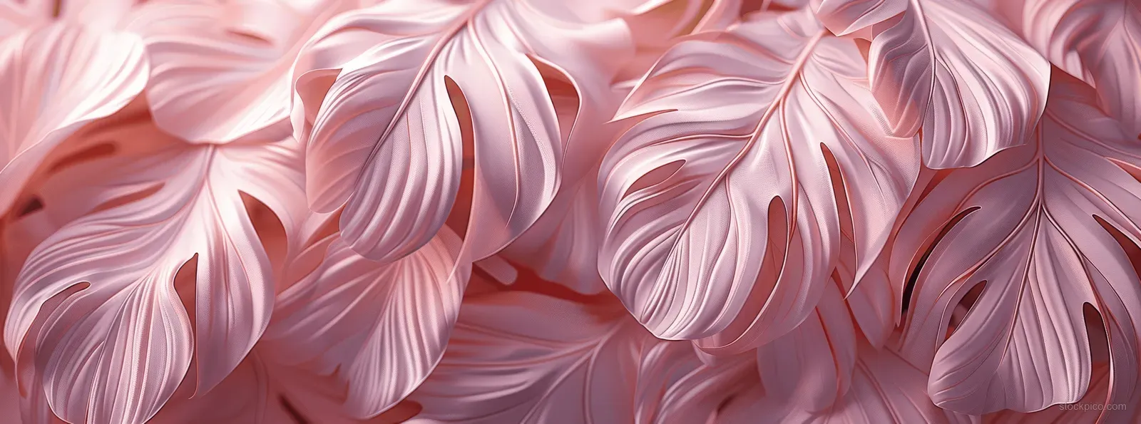 Pastel pink monstera leaf fronds with layered vein details spread across a soft textured wallpaper background.