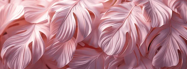 Pastel pink monstera leaf patterns curling across a soft textured tropical wallpaper background