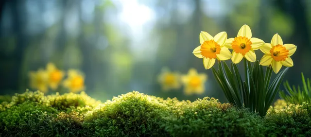 Yellow daffodils blooming from green moss under soft spring sunshine