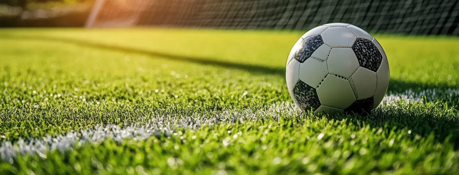 Black and white soccer ball sitting on green grass beside a goal line with a net in the background.