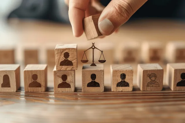 Hand placing a wooden worker block on a fairness scale in a workplace legal compliance scene