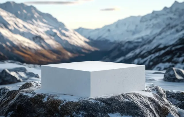 A white rectangular block placed on snowy rocks with distant snow-covered mountains and a clear bright sky behind it.