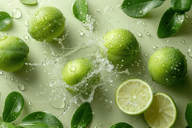 Green plums and aloe leaves with water splash on light yellow-green flat lay
