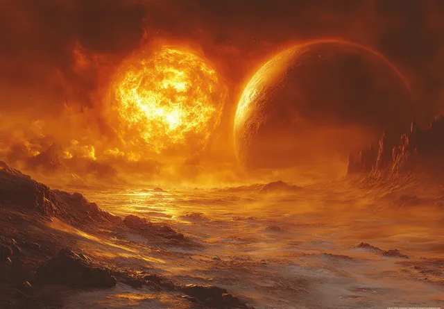Two planets hang above a barren alien landscape while a fiery sunset illuminates rocky terrain and misty clouds.