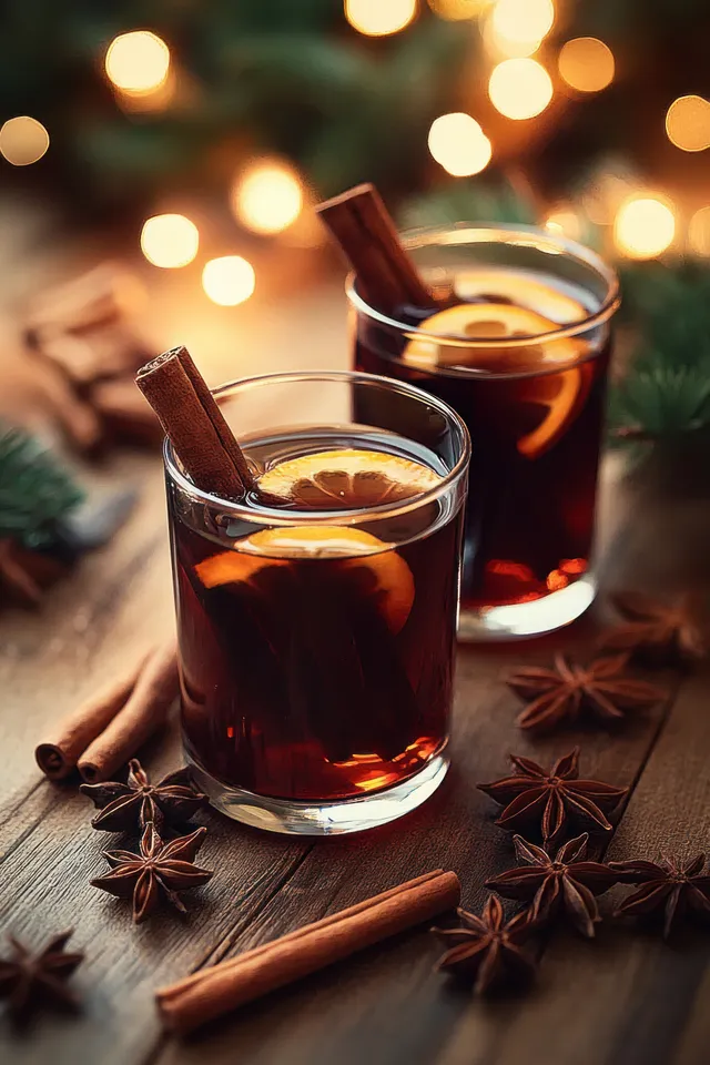 Mulled wine mugs with cinnamon sticks and star anise on rustic winter table