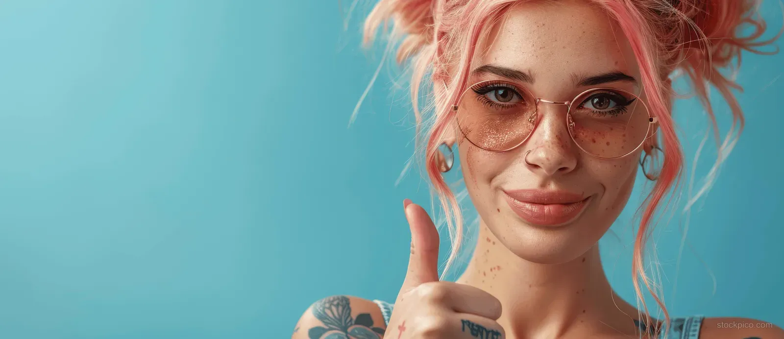 Smiling punk woman with pink hair and tattoos gives a thumbs up in sunglasses on a solid blue background.