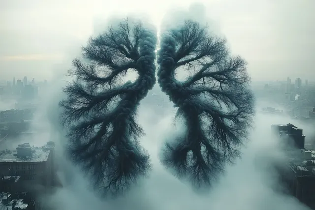 Tree branches shaped like lungs release smoke above a foggy city skyline.