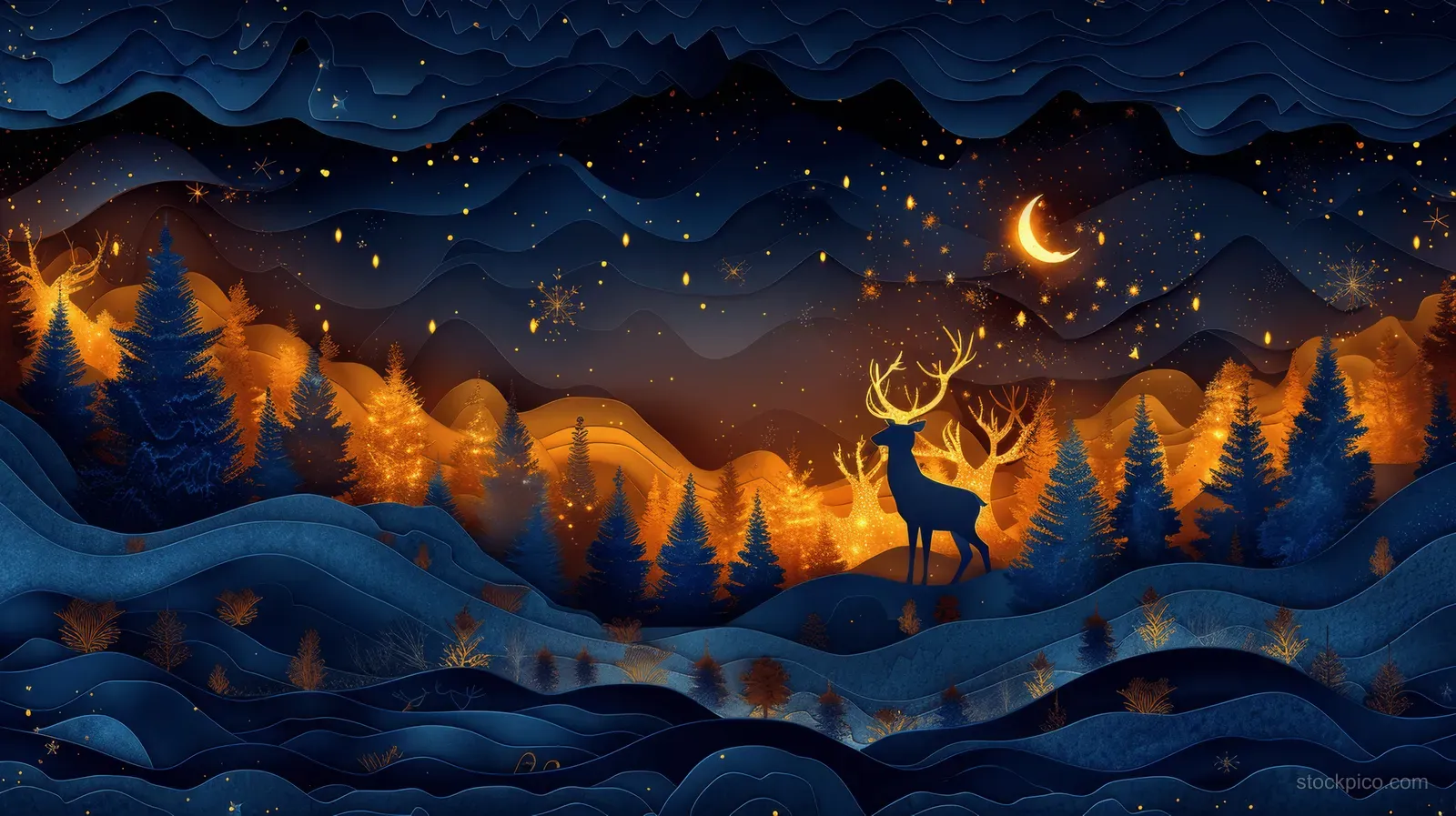 A deer stands among pine trees and layered hills under a crescent moon in a blue and gold night landscape.