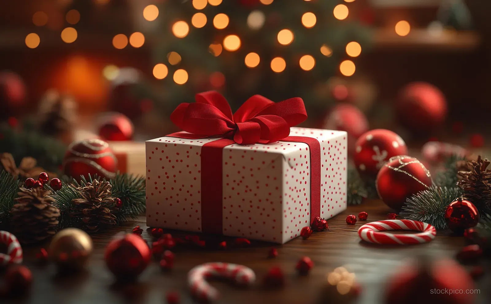 A wrapped Christmas gift box with a red ribbon on a festive table with pinecones, ornaments, and blurred lights.