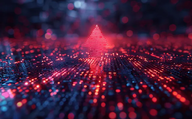 A glowing upward arrow travels through an abstract big-data grid filled with red and blue light dots.
