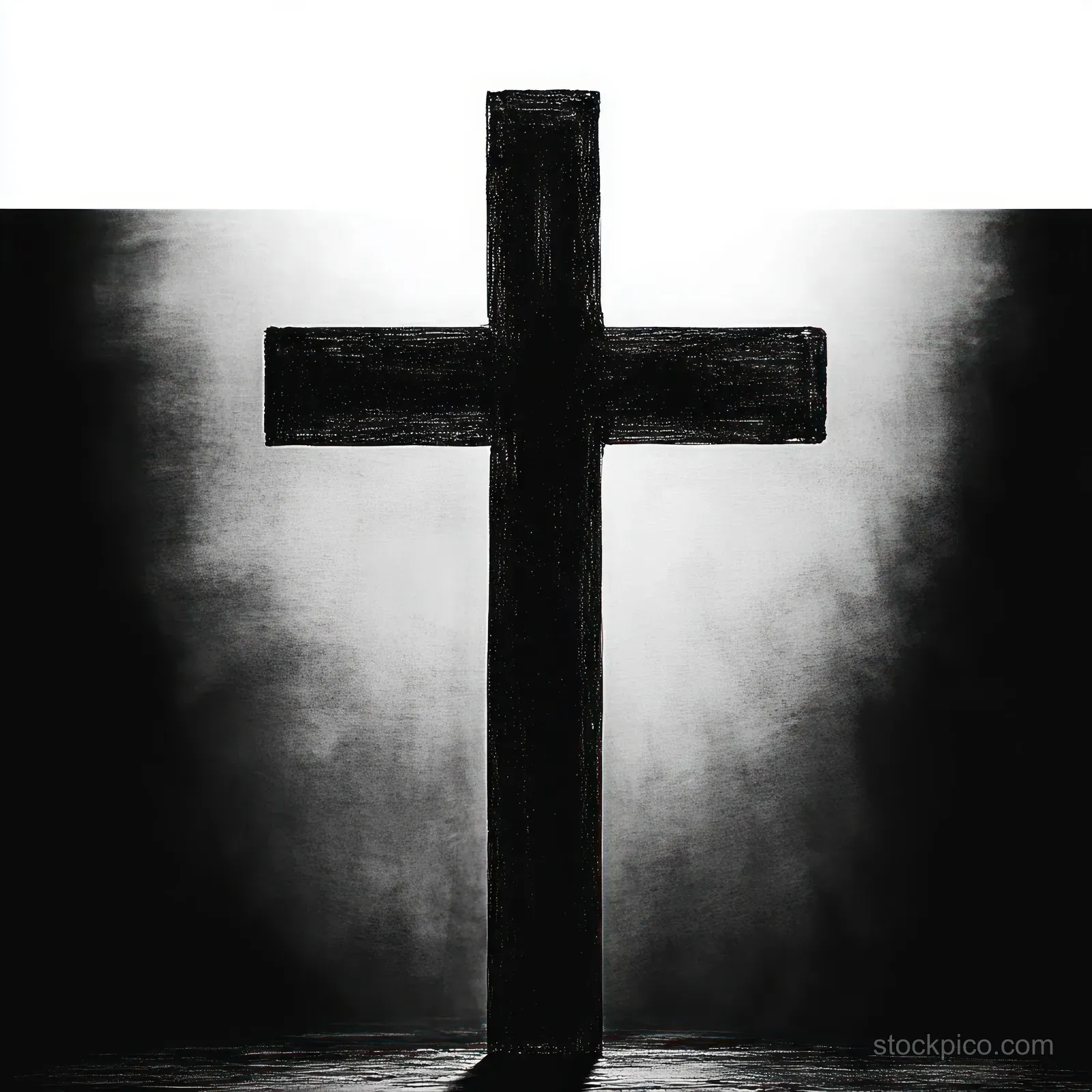 A wooden cross silhouette stands centered against cloudy light beams and smoky shadows.
