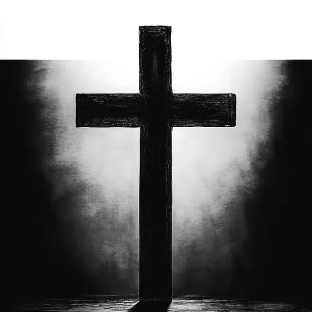 Silhouette wooden cross under cloudy light beams with smoky shadows and reverent atmosphere