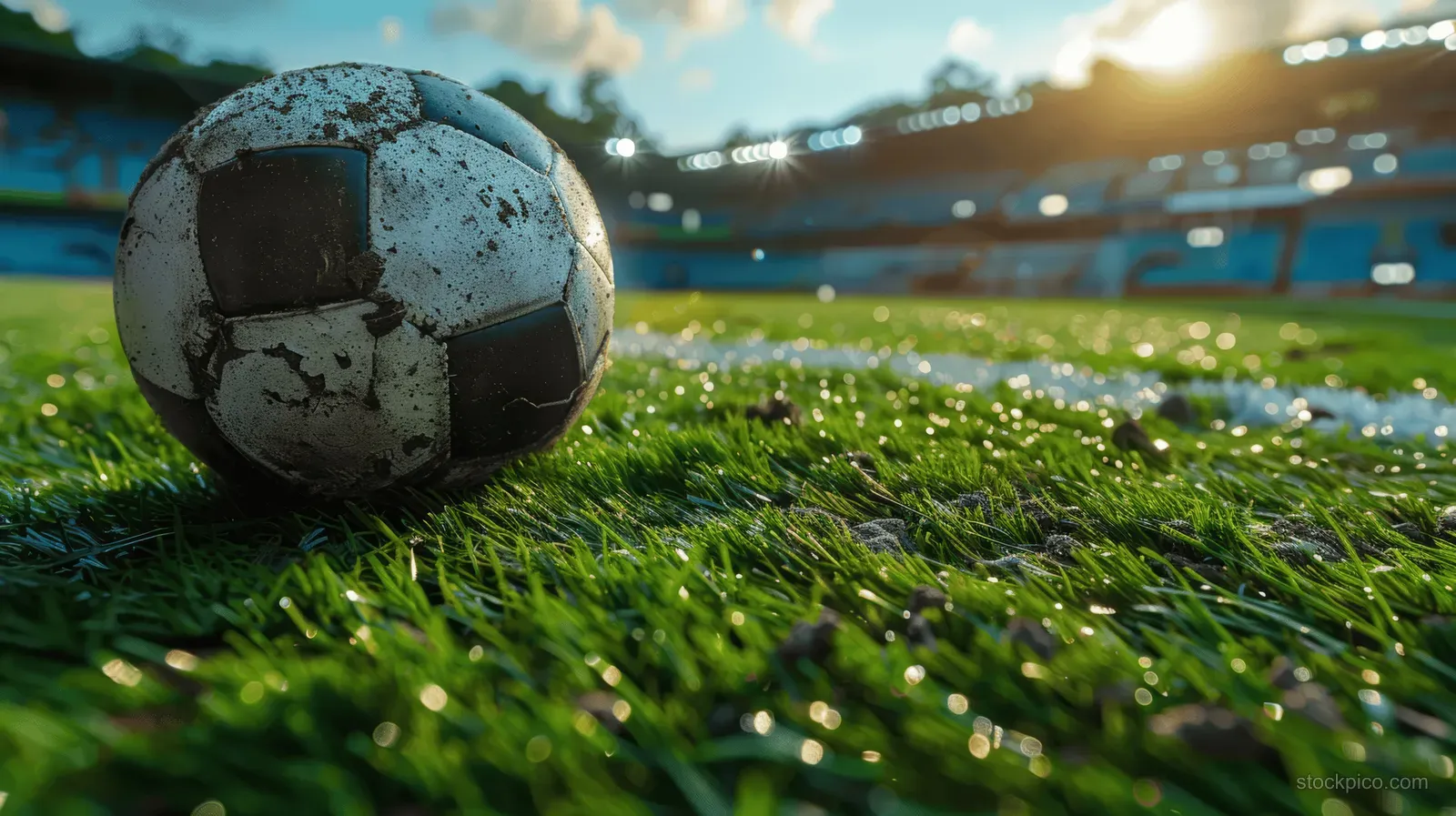 Scuffed soccer ball sitting on green grass with a sunlit stadium background and blurred lights.