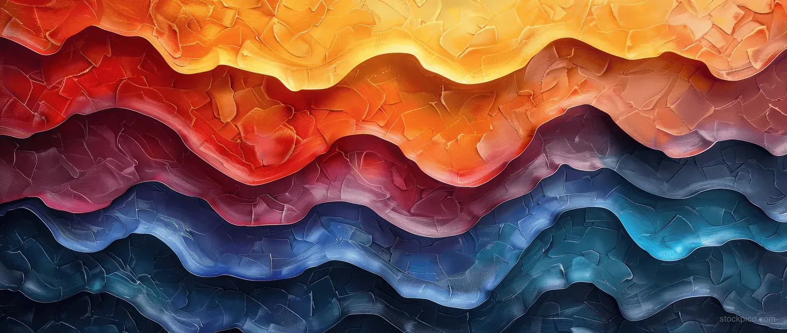 Rainbow-colored carved wooden wall panel with overlapping 3D wave layers and textured Art Deco pattern.