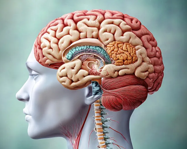 Side profile anatomical diagram showing labeled human brain and spinal cord with visible internal regions.
