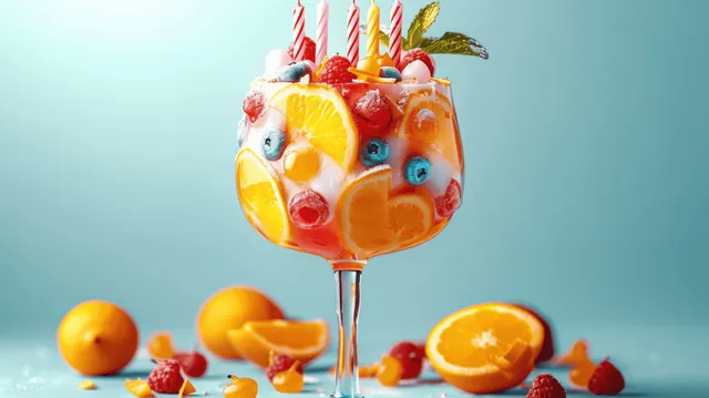 Colorful festive fruit drink with candles on a soft blue background