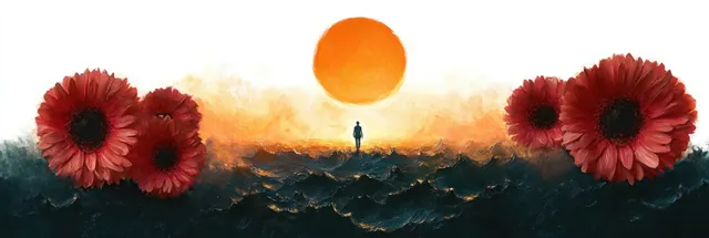 Silhouette figure standing on dark ocean waves at sunset framed by red flowers