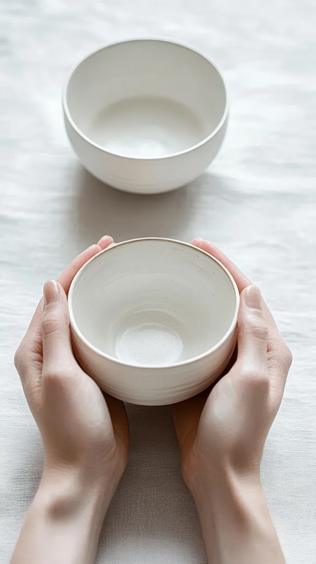Hands lift a white ceramic bowl on a light textured surface, minimalist still life