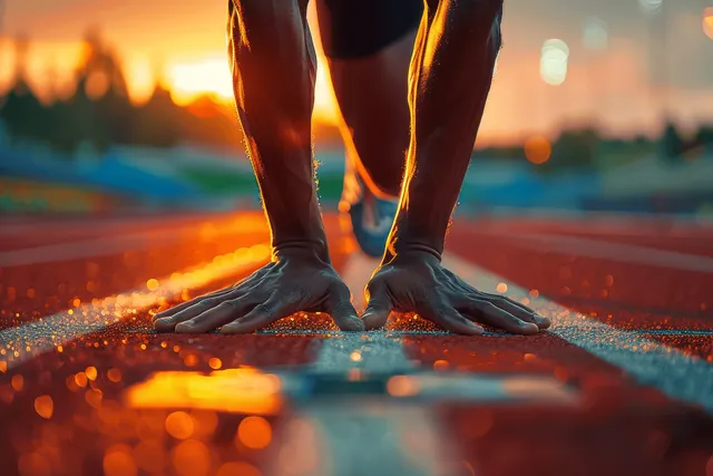 Athlete’s hands set on starting blocks on a track at sunset with blurred lights in the background.