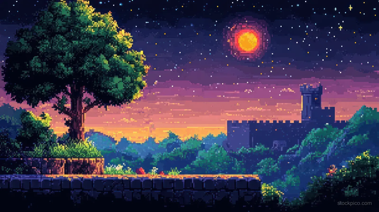Pixel art castle night scene with trees and starry sky, plus a glowing level-up button overlay.