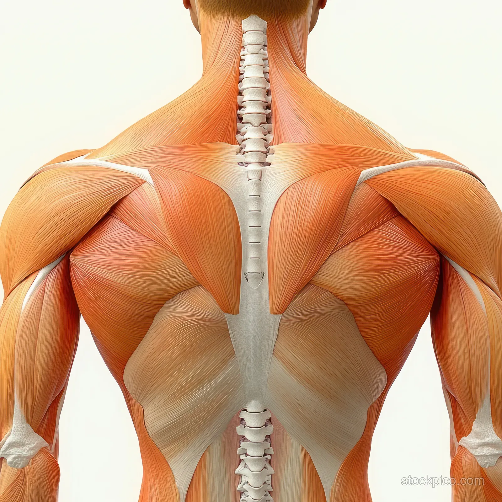 Illustrated upper back anatomy with highlighted trapezius and rhomboid muscles over the spine and shoulder blades.