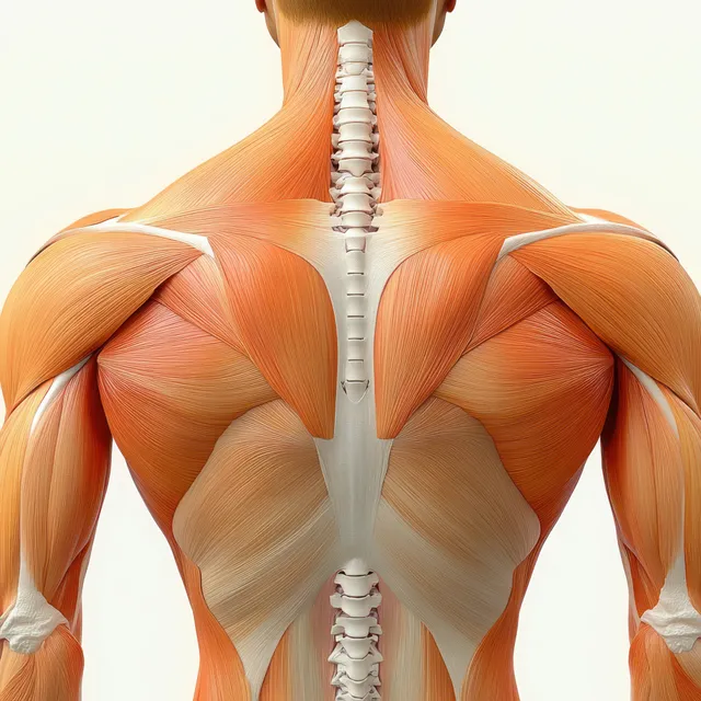 Illustrated upper back anatomy with highlighted trapezius and rhomboid muscles over the spine and shoulder blades.