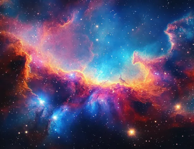A colorful cosmic nebula of glowing blue, purple, and orange gas clouds stretches across deep space with scattered stars.