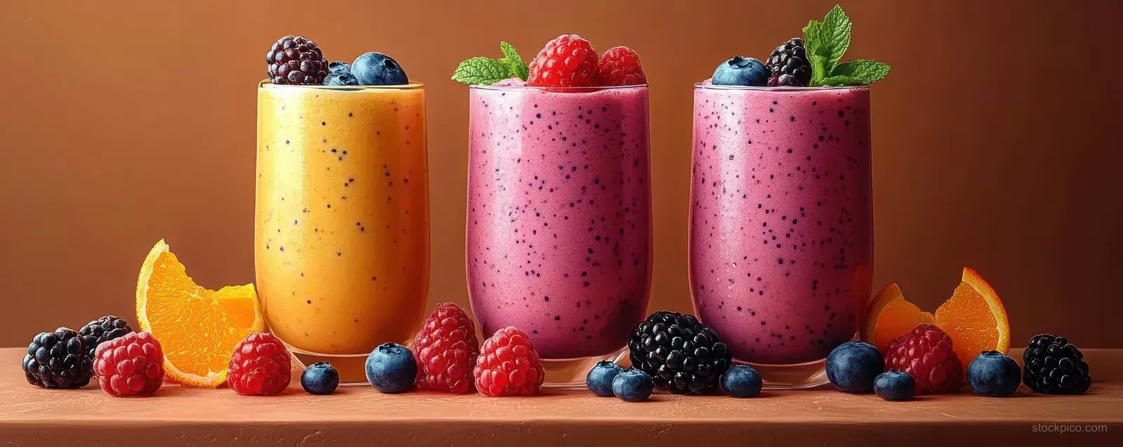 Three smoothie glasses filled with orange and berry drinks are decorated with mint leaves and fresh berries on wood.