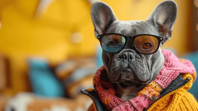 French Bulldog Wearing Sunglasses and Colorful Jacket Against Yellow Background