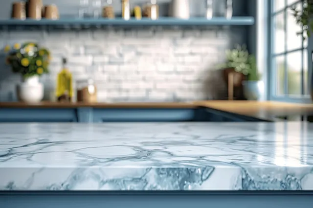 Close-up of a blue-white marble kitchen countertop with blurred shelves, windows, and potted plants in the background.