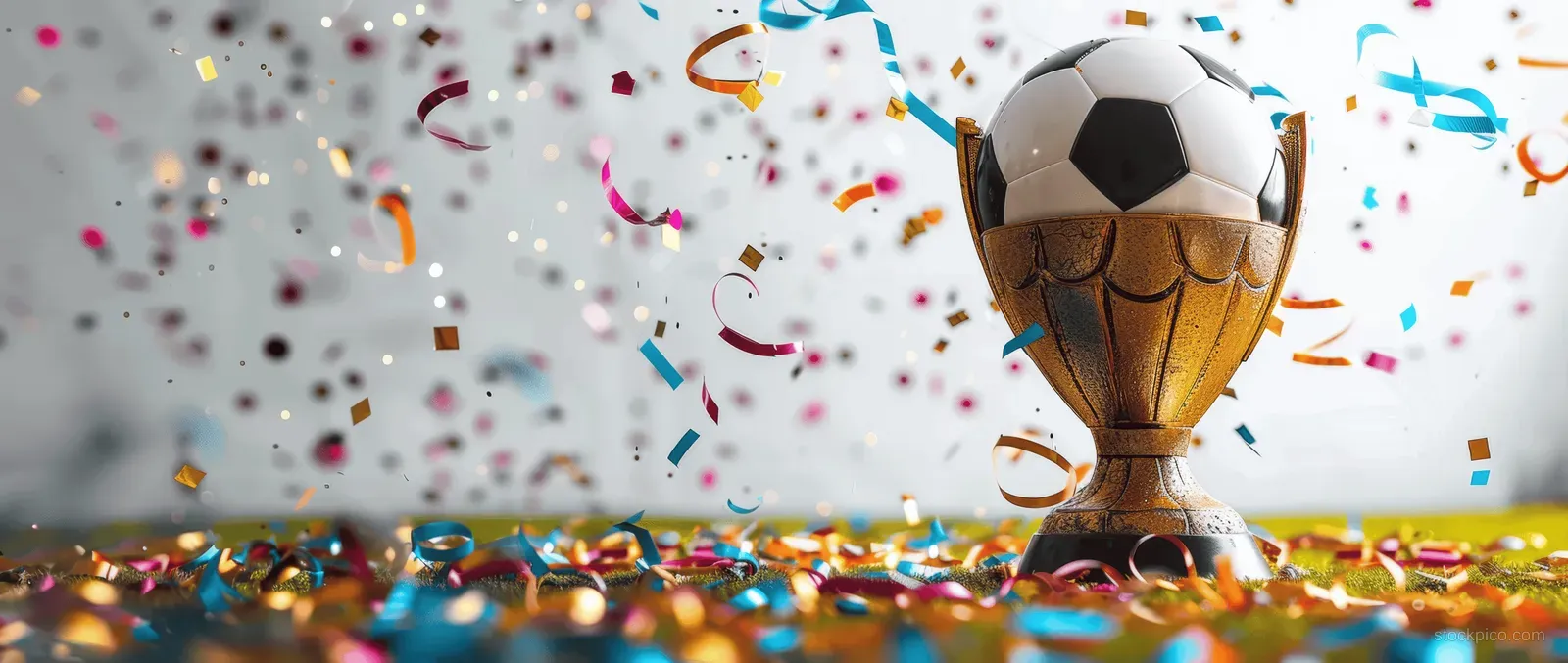 A soccer trophy and football sit on a stadium floor with colorful confetti falling in the background.