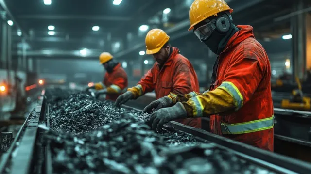 Workers in orange helmets sort black coal on a conveyor belt inside a brightly lit factory.