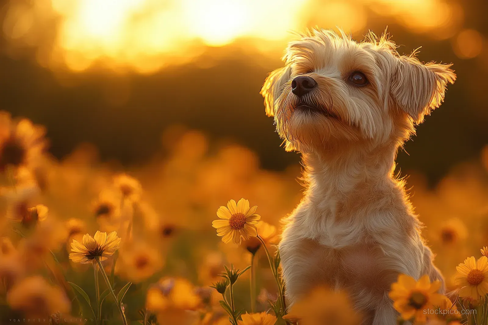 A small dog stands among golden wildflowers with warm sunset light and soft blurred background.